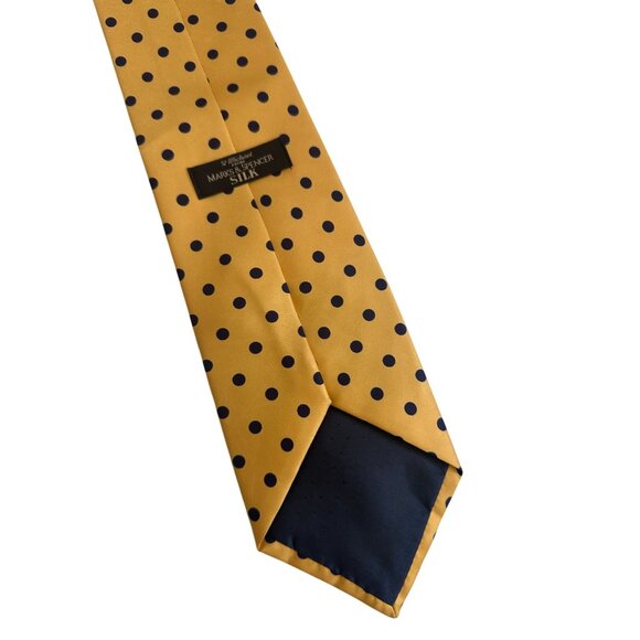 MARKS & SPENCER St Michaels Silk Yellow Navy Polka Dot Tie - Picture 5 of 7